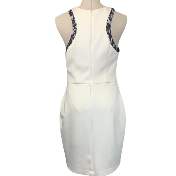 Guess Sheath Dress, Lace Edged, Faux Wrap, Body Con - White/Black, Size 10 - Picture 4 of 9